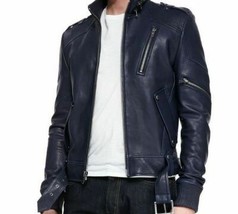 Men&#39;s Blue Leather Jacket Zipper Jacket New Real Lambskin Leather Jacket - £136.71 GBP