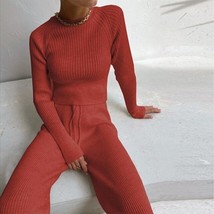 Women Solid Knitt Sweater Sets Casual O Neck And Drawstring Leg Pant Suit Autumn - £100.65 GBP