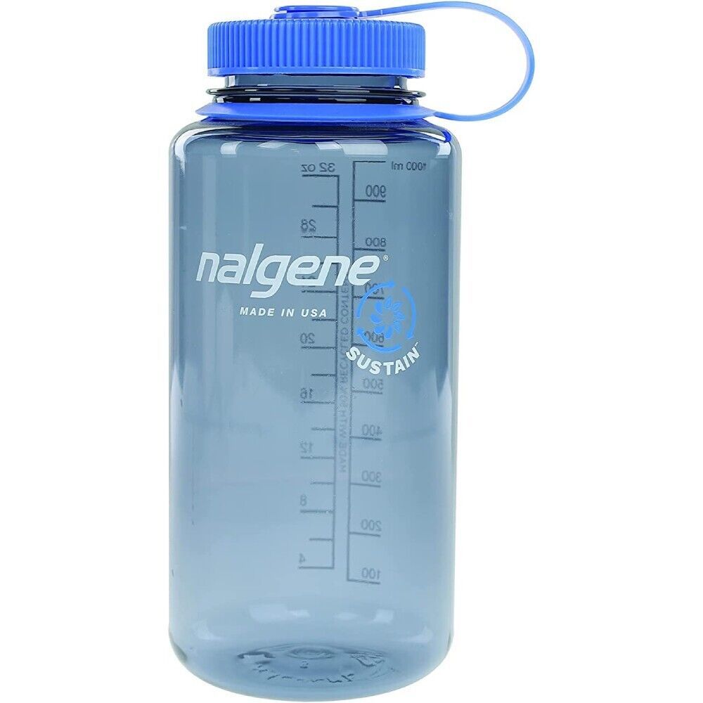 Primary image for Nalgene Sustain 32oz Wide Mouth Bottle (Gray with Blue Cap) Recycled Reusable