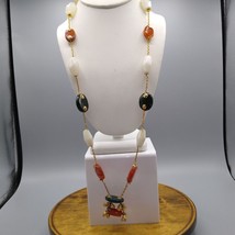 12K Gold GF Chain Necklace with Chunky Jade, Carnelian and White Banded Agate Be - £326.81 GBP