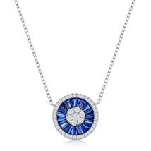 Sterling Silver White CZ and Sapphire CZ Baguette Circle Necklace - £51.03 GBP