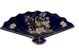 Japan Porcelain Cobalt Blue Gold Trim Fan Shaped Peacock 7&quot; Candy Dish Decor Vtg - £11.53 GBP