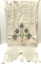 Vintage Linen Floral Embroidered Tassel Crocheted Edge Table Runner 60 x 16 In - £20.35 GBP