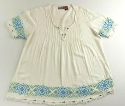 Red Ranch Cream Short Sleeve Blue Embroidered Peasant Blouse Top Womens ... - £23.83 GBP