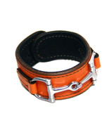 Equestrian Horse Bit Leather Wide Cuff Bracelet Silver Hardware, ORANGE - €51,52 EUR