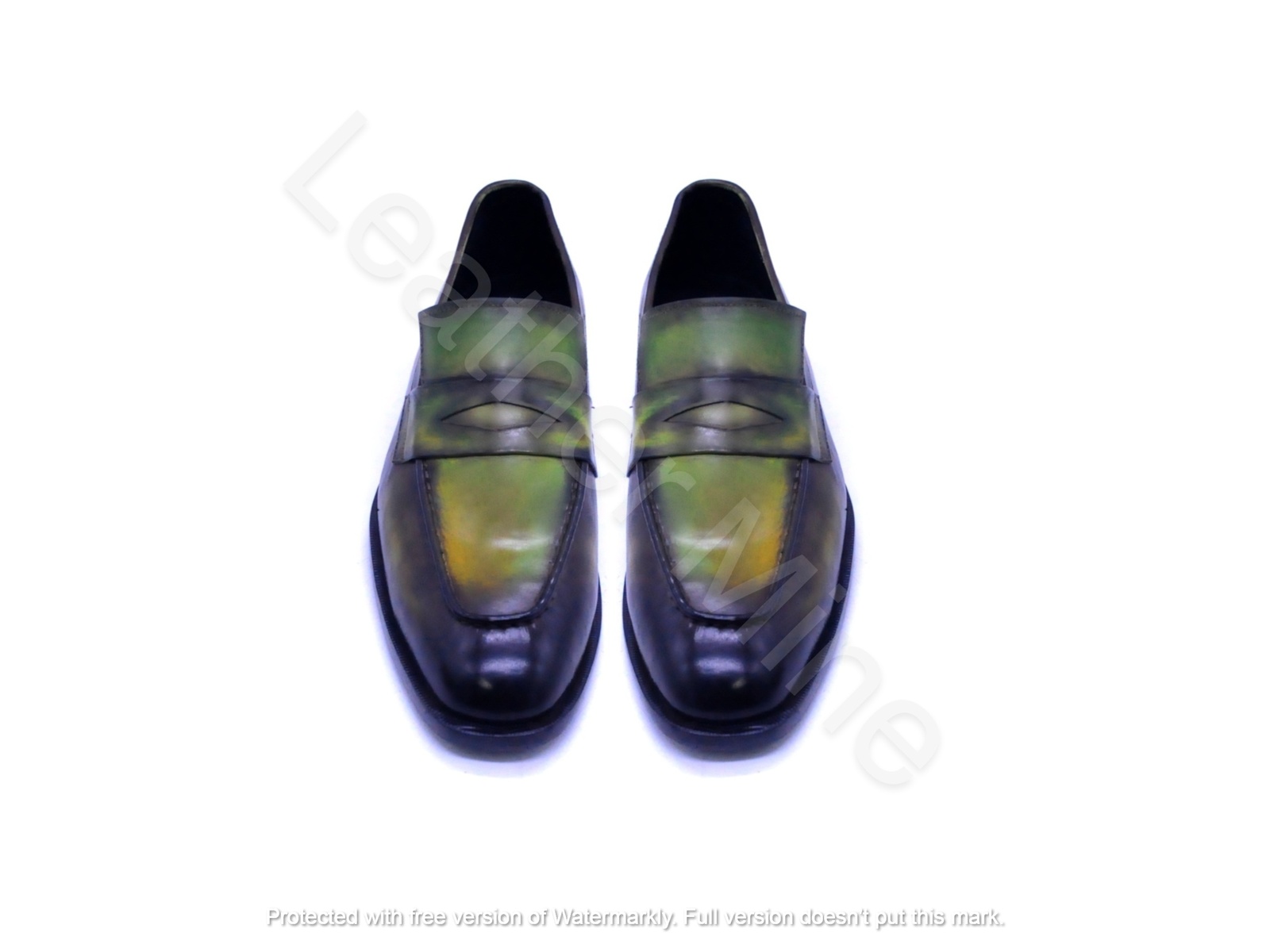 Handmade Men's Green Patina Dress Loafers, Hand Colored Unique Shoes For Men