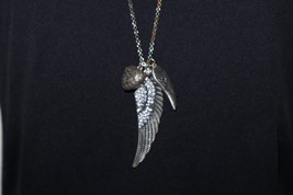 Angel Wings &amp; Heart Pendant ~29.5&quot;+ Necklace Silver Toned Missing One Rh... - $12.00