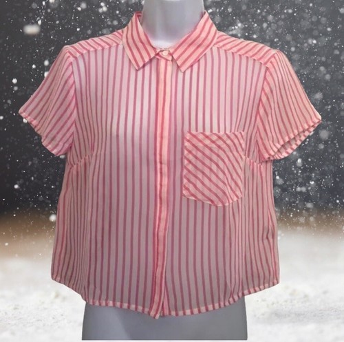 Timing Hot Pink Sheer Striped Button Down Crop Top Junior Size M Women’s - $9.31