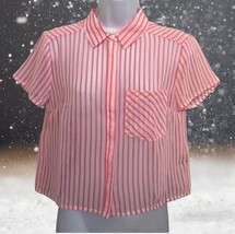 Timing Hot Pink Sheer Striped Button Down Crop Top Junior Size M Women’s - $9.31