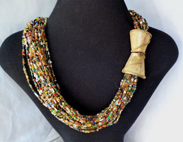 Vintage Long Torsade Necklace Multi Color Glass Seed Bead Huge Clasp 1960&#39;s - £33.03 GBP