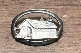 Vintage Covered Bridge Brooch Pin Silver Oval Costume Jewelry - £7.95 GBP