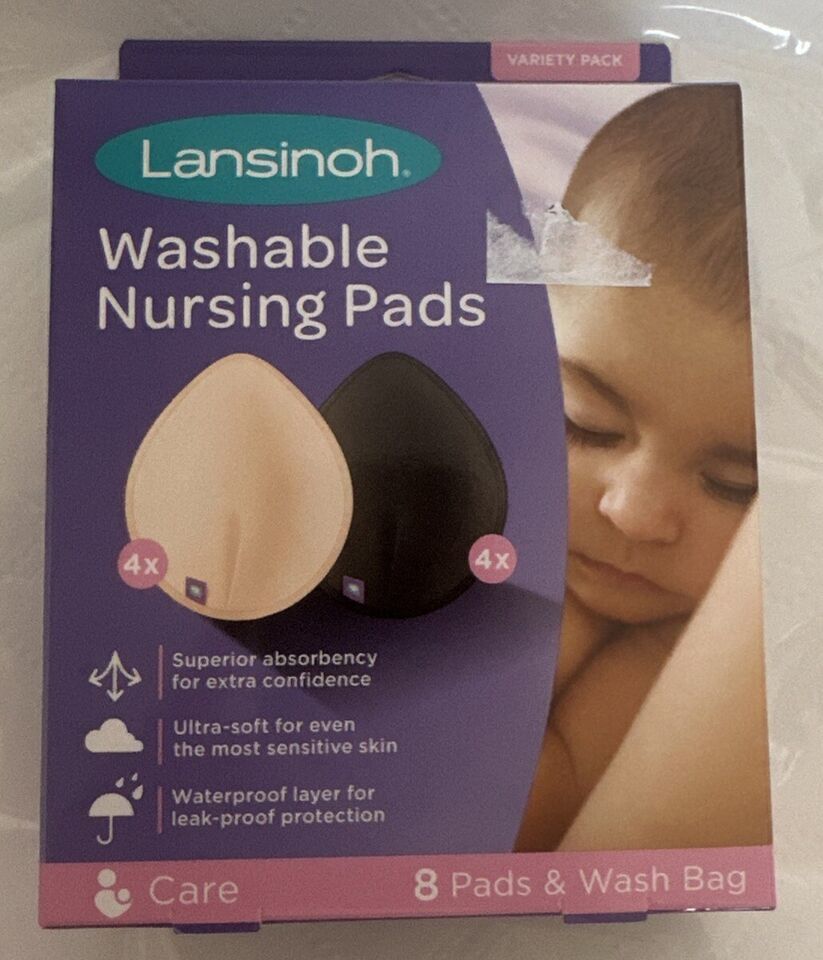 Lansinoh Nursing Breast Pads Washable Reusable 3-Layer 8 Pads Wash Bag New - $16.42