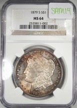 1879-S Silver Morgan Dollar NGC MS64 SEMI-PL Coin w/ Warm Toning SAM14 - £418.13 GBP