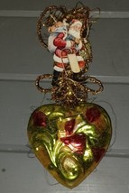 Vintage Blown Glass ROSE Embossed on HEART Christmas Ornament Santa Tinsel - £27.73 GBP