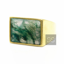 Moss Agate Ring, Men&#39;s Ring, 925 Sterling Silver Ring, Wedding Ring, Emerald Cut - £65.01 GBP