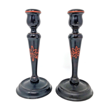 Black Lacquer Candlestick Holders VTG MCM Boho Flower Power Hand Painted... - £21.17 GBP