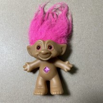 Vintage Ace Novelty 4&quot; Troll Doll Neon Pink Hair Jewel Wishstone - £7.64 GBP
