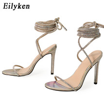 Silver Crystal Rhinestone Sexy Sandals Women Summer Ankle Lace-Up Open Toe Thin  - £40.43 GBP