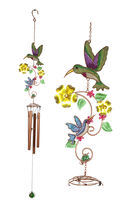 Hummingbirds Hovering Over Nectar Flowers Art Glass Gemstones Metal Wind... - $26.99