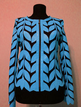 Round Neck Light Blue Leather Leaf Jacket Womens All Colors Sizes Zip Sh... - $225.00
