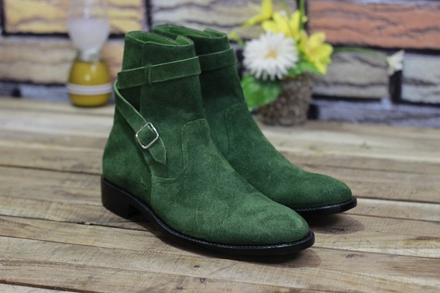Men's Handmade Leather Shoes Green Suede Leather Buckle Stylish Jodhpurs Dress