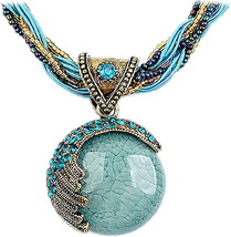 Lady&#39;s Retro Vintage Bohemian Style Turquoise Rhinestone Pendant Chain Necklace - £23.96 GBP