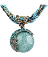 Lady&#39;s Retro Vintage Bohemian Style Turquoise Rhinestone Pendant Chain N... - £23.94 GBP
