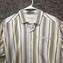 Tommy Bahama Shirt Men XL Yellow Gray Stripe Long Sleeve Silk Blend - $16.67