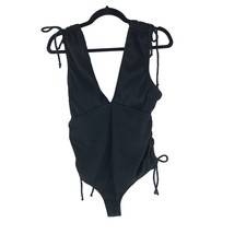 Womens One Piece Swimsuit Cinch String Ties Deep V Ribbed Removable Cups Black M - £4.69 GBP