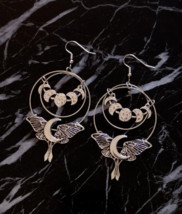 Luna Moth Moon-Phase Tibetan Silver Dual Hoop Earrings - £7.97 GBP