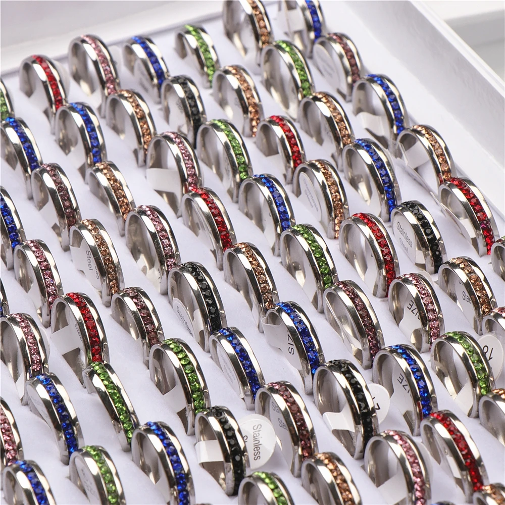 Fashion 50pcs/lot Stainless Steel 6mm Multicolor Rhinestone Rings For Men Women  - £28.23 GBP