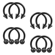 8PCS Surgical Steel Ball&amp;Spike Horseshoe Nose Septum Piercing Ring Black Set Bal - £10.74 GBP