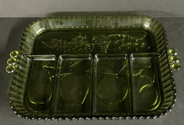 Vintage Indiana Green Glass Divided Serving Dish Relish / Tray w/ Fruit Design - £10.18 GBP