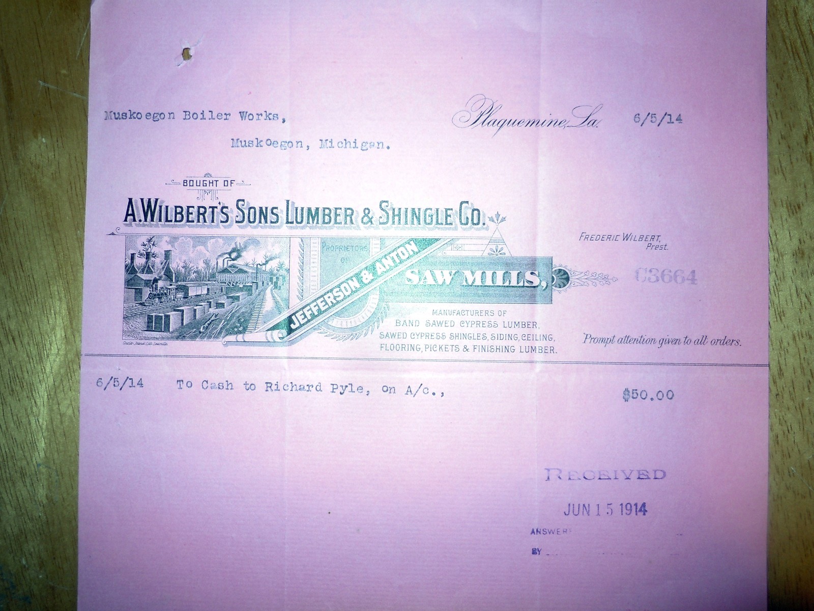 Vintage A. Wilbert’s sons Lumber &amp; Shingle Co. Receipt 1914 - $5.99