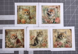 Set of 5 Vintage Shabby Chic Cat Fabric Squares 4x4&quot; Quilt Block Panels - £8.34 GBP
