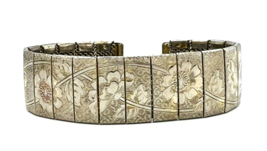 Vintage Silver Tone Etched Floral Mesh Panel Bracelet - £18.64 GBP