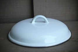 Graniteware Enamelware Lid Primitive Kitchen Tool White w Stainless Steel Rim - £15.65 GBP