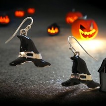 Halloween Black Witch Hat Earrings Enameled Silver Tone Dangle Witchcore Witchy - $14.83