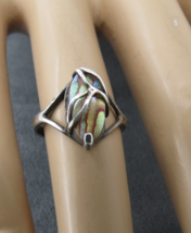 Abalone Sterling Silver Ring Shell Stone Size 5 Fancy Leaf Motif 13mm High 1.55g - £22.72 GBP