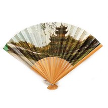 Vintage Bamboo And Paper Chinese Hand Folding Fan Printed Temple Scene Taiwan - £6.95 GBP