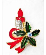 XMAS IN JULY!! Gold Candle Christmas Pin Brooch Rhinestones 1 3/4&quot; REDUC... - £7.91 GBP