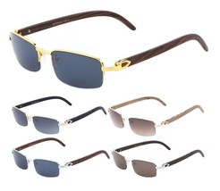 Slim Semi Rimless Rectangular Metal Faux Wood Sunglasses Square Retro Designer - £7.15 GBP