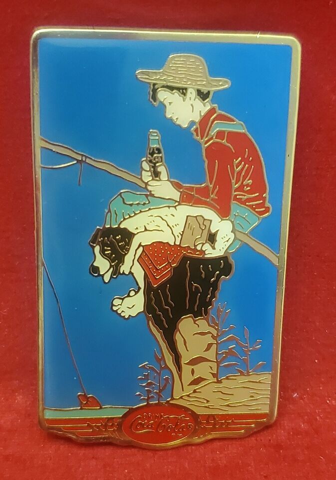 Vintage 1987 Coca Cola Pin Boy Fishing with Dog 1 5/16"W x 2 1/8"H - £7.77 GBP