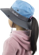 Kids Girls Ponytail Sun Hat Wide Brim Uv Protection Summer Bucket Cap - £23.89 GBP