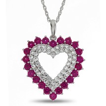 Forme Coeur Rubis &amp; Imitation Diamant Argent Sterling Promesse Chaîne Pendentif - £323.46 GBP