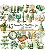Emerald &amp; Gold New Year Watercolor Clipart | 45 PNG Graphics (Digital Do... - $3.60