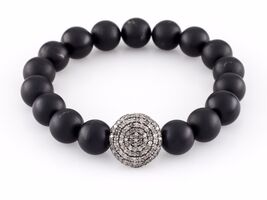 Onyx Beaded Stretch Bracelet w/ Pave Diamond Charm! Nice Gift - $634.90