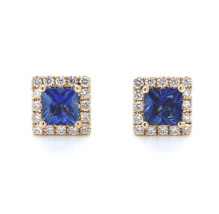14k Gold Square Stud Blue Genuine Sapphire Earrings with Diamond Halo (#J6683) - $1,361.25