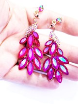 Pink Peacock Earrings, Colorshift Drop Earrings, Rhinestone Chandelier Earrings, - £31.68 GBP