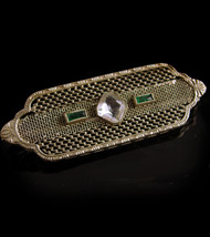 Antique Brooch / Art deco pin / silver filigree brooch / faux emerald stone - Ta - £101.49 GBP